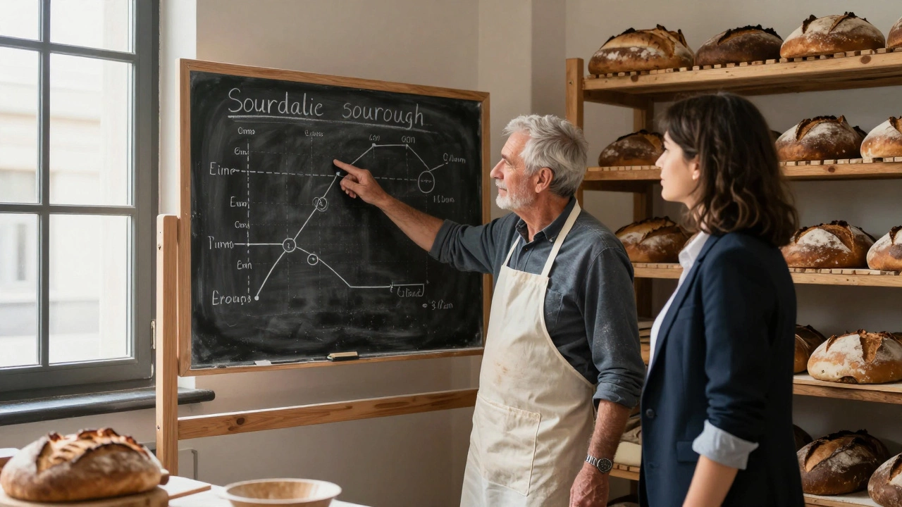 A baker and businesswoman study a chalkboard linking sourdough cycles to supply chain logistics in a sunlit workshop.