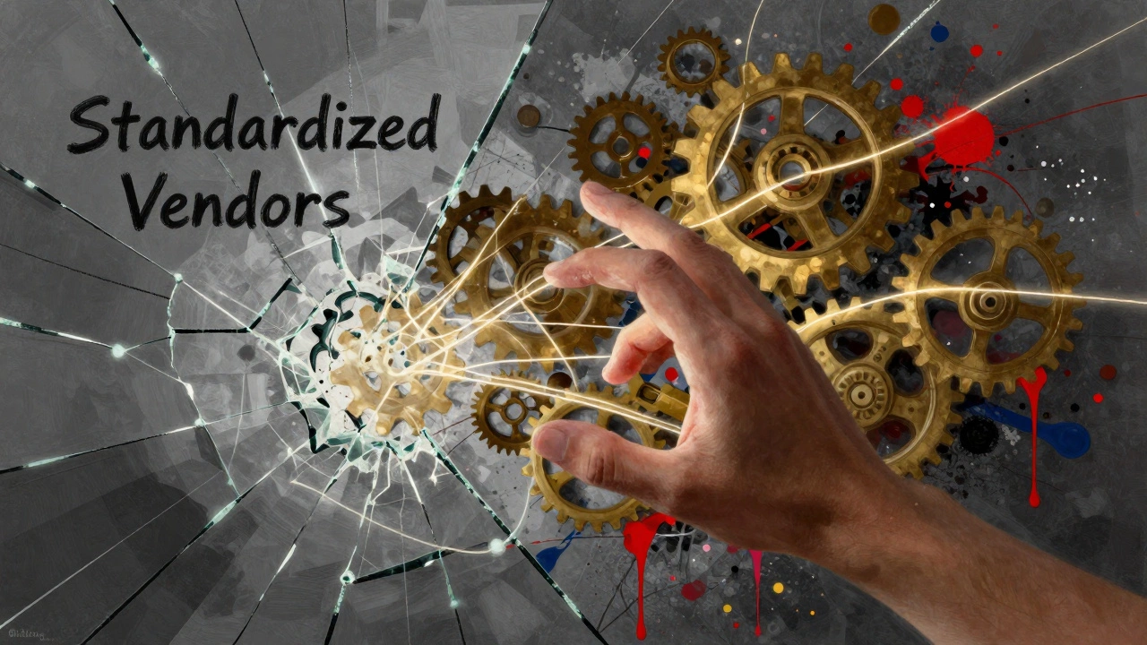 A hand breaking through a cracked wall labeled &#039;Standardized Vendors&#039; into a vibrant abstract world of light and color.