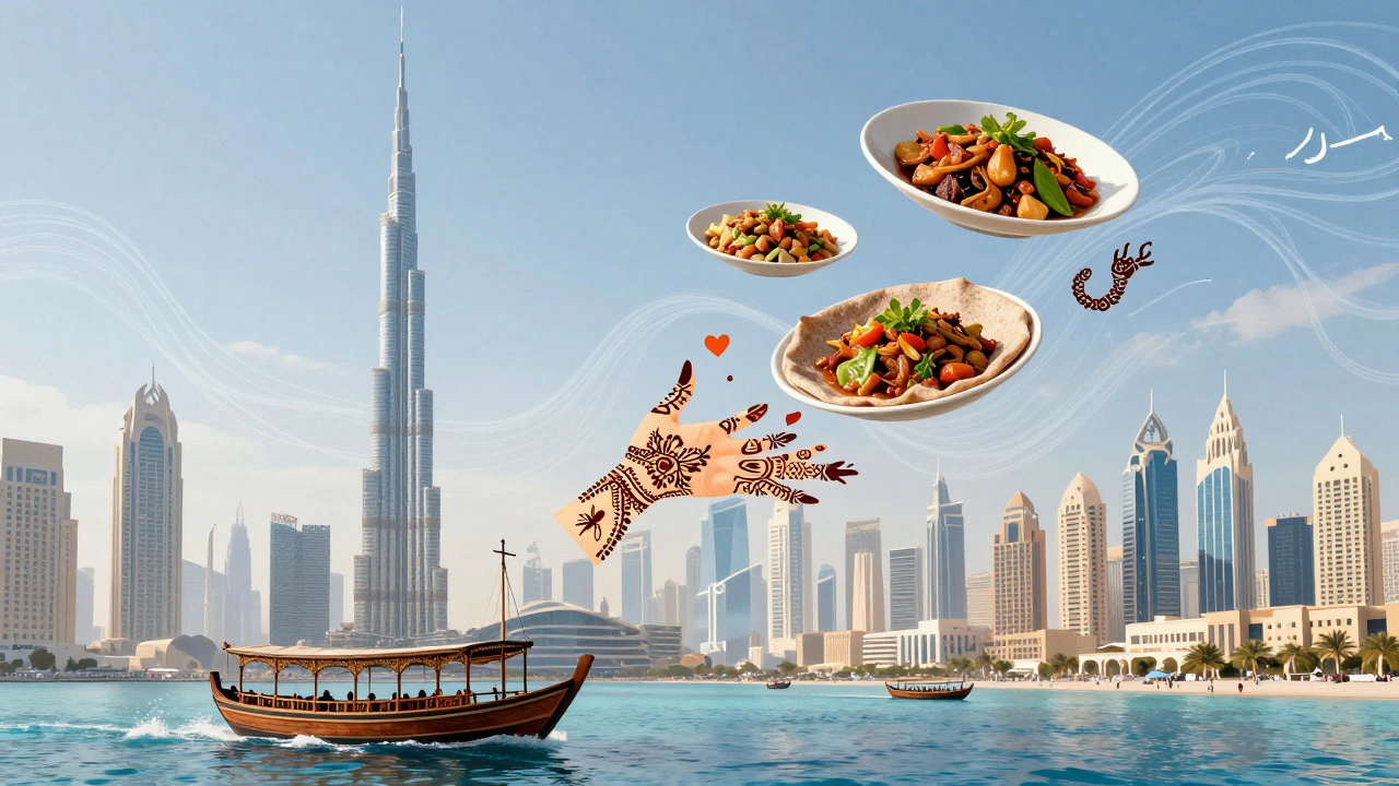 A symbolic blend of Dubai’s traditions and global influences floating in a surreal cityscape.