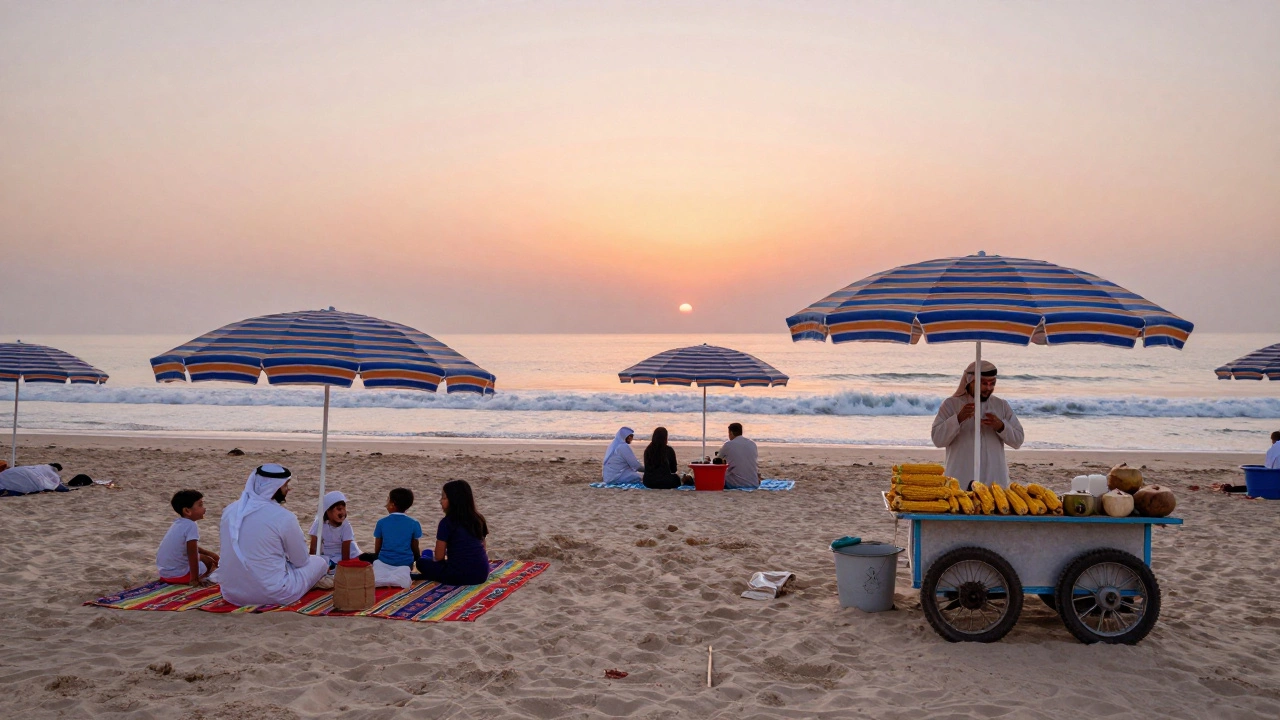 Families enjoying a peaceful sunset at Al Mamzar Beach with carpets, children, and calm waves.